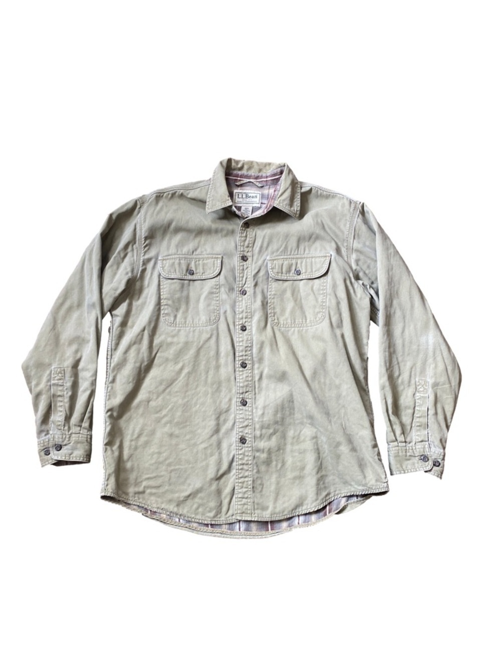 Vintage L.L. Bean Men’s Large Flannel Lined Shirt Jacket Plaid Tan Button Up
